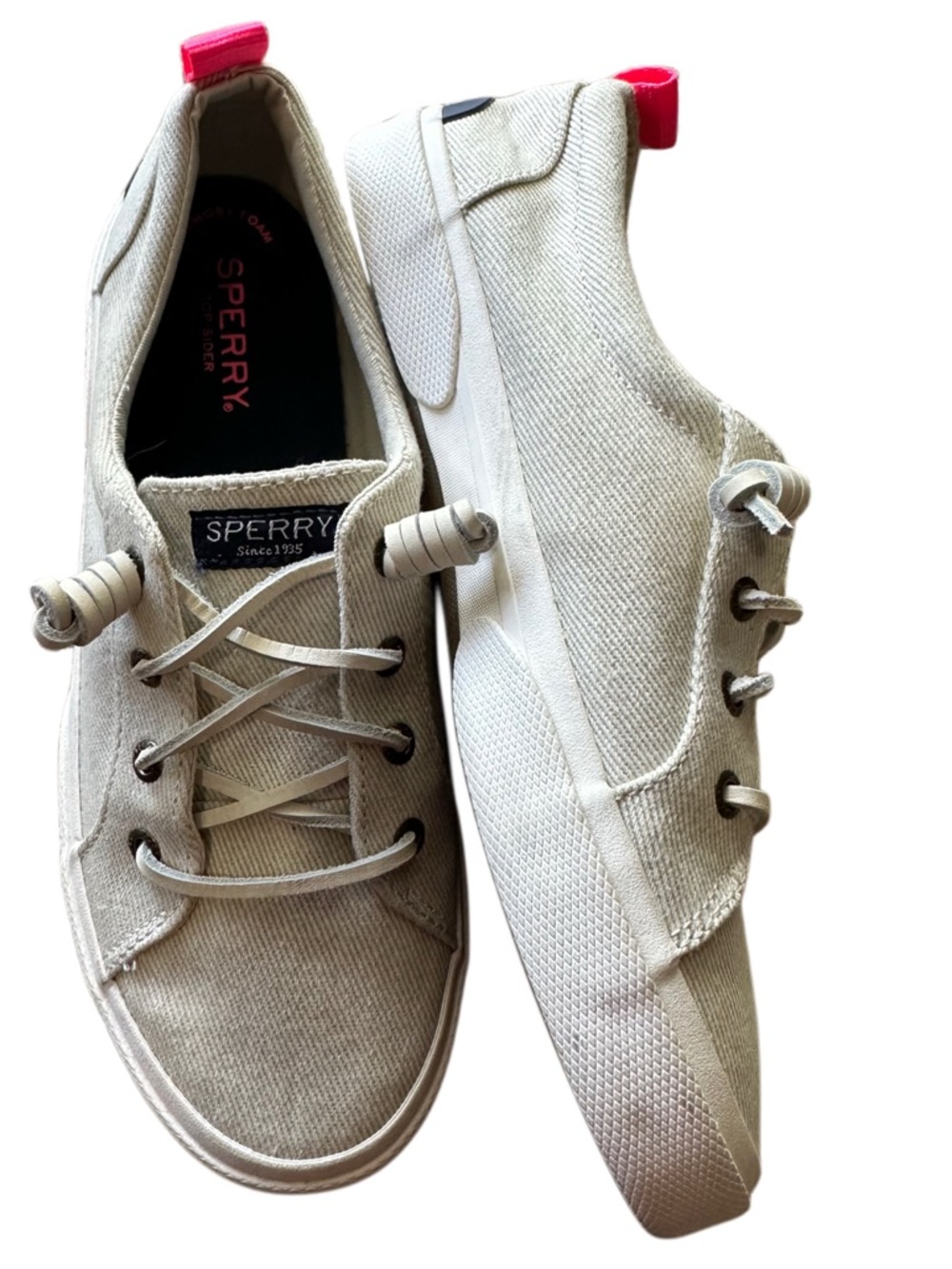 Sperry Women's Crest Vibe Neutral Canvas Sneakers with Pink Heel Tabs